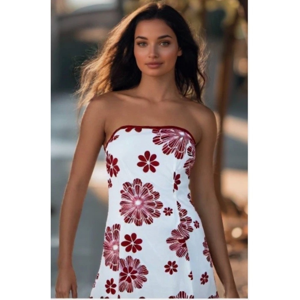 Byer California White Strapless Dress with Burgundy Floral Print